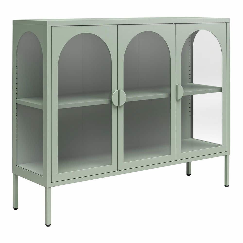 Chloe Metal Accent Cabinet With 3 Arched Glass Doors, Pale Green