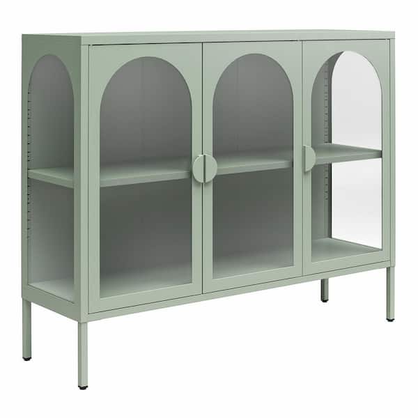 Chloe Metal Accent Cabinet With 3 Arched Glass Doors, Pale Green