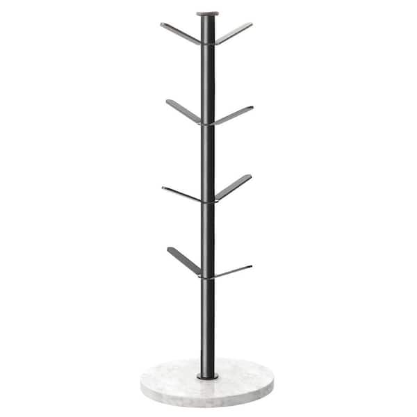 8-Hook Black Marble Coffee Mug Tree Stand Stable Stainless Steel Holder for Kitchen Counter Cabinet Café Use