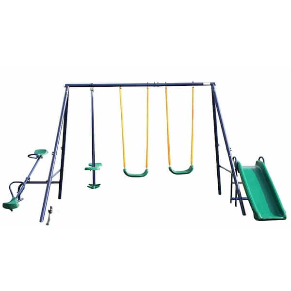 Blue Outdoor Metal Swing Set with Slide