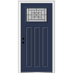 36 in. x 80 in. Courtyard Right-Hand 1-Lite Decorative Craftsman 3-Panel Painted Fiberglass Smooth Prehung Front Door
