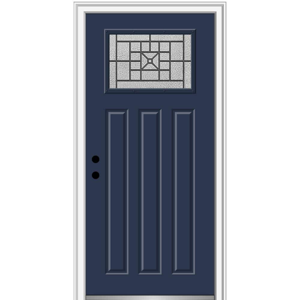 Courtyard 36 in. x 80 in. Right-Hand 1-Lite Decorative Craftsman 3-Panel Blue Fiberglass Smooth Prehung Front Door price history on PriceWatchPro