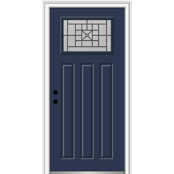 MMI DOOR Courtyard 36 in. x 80 in. Right-Hand 1-Lite Decorative Craftsman 3-Panel Blue Fiberglass Smooth Prehung Front Door