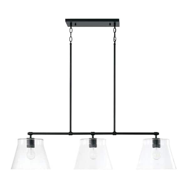 Baker 44.5 in. W x 10 in. H 3-Light Matte Black Linear Chandelier with Clear Seeded Glass