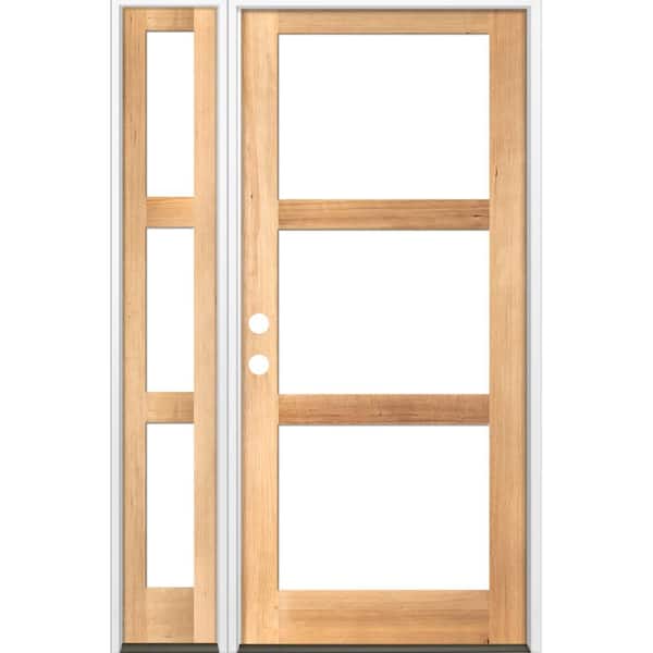 Krosswood Doors 56 in. x 96 in. Modern Hemlock Right-Hand/Inswing 3-Lite Clear Glass Clear Stain Wood Prehung Front Door w/Left Sidelite
