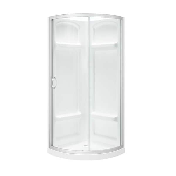 Breeze 33 in. L x 33 in. W x 77 in. H Corner Shower Kit with Clear Sliding Door in Satin Nickel, Shower Pan, and Walls