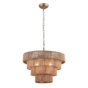 19.68 in. 6-Light Brown Farmhouse Rattan Shaded Pendant Light with Woven Rope Shade for Dining Room, No Bulbs Included