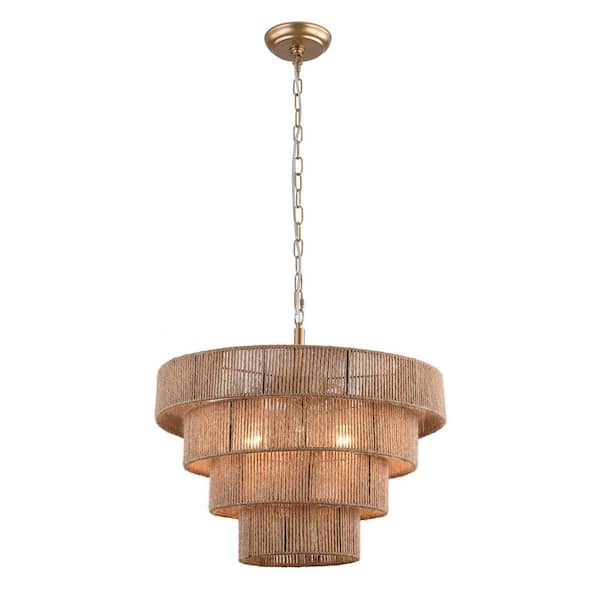 OUKANING 19.68 in. 6-Light Brown Farmhouse Rattan Shaded Pendant Light with Woven Rope Shade for Dining Room, No Bulbs Included