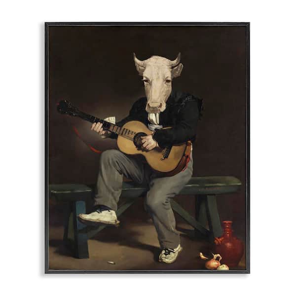 Stupell Industries Cow Playing Guitar by Alicia Longley Black Framed Music Giclee Art Print 20 in. x 16 in.