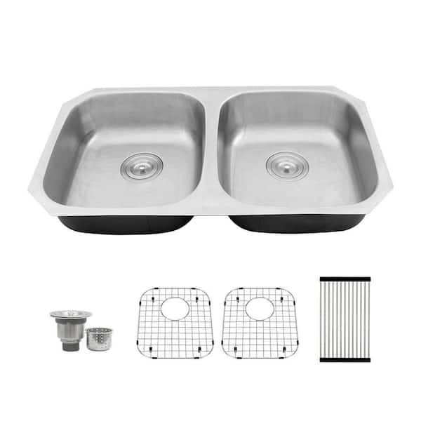 32 in. Undermount Double Bowl 18 Gauge Stainless Steel ADA Kitchen Sink with Accessories