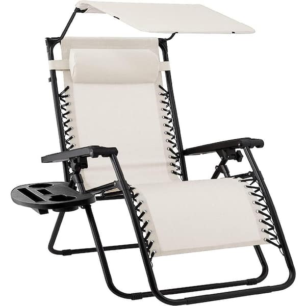 Unbranded Folding Outdoor Recliner Lounge Chair with Adjustable Canopy Shade, Headrest, Side Accessory Tray ,Ivory