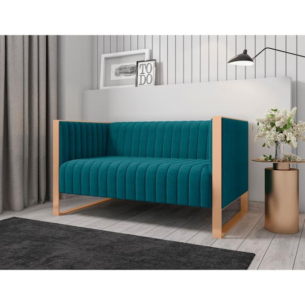 Manhattan Comfort Trillium 57.48 in. Mid-Century Modern Aqua Blue and Gold Velvet Upholstered 2-Seater Loveseat