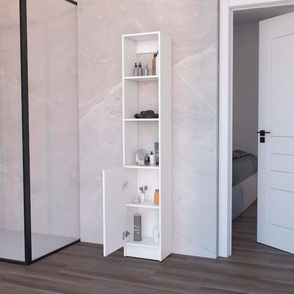 13 in. W x 10.4 in. D x 70.8 in. H White Wood Linen Cabinet with Door and 3 Open Shelves