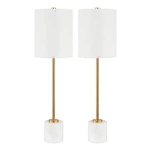 Pearson 32 in. Plated Gold and White Marble Table Lamp with White Fabric Shade (Set of 2)