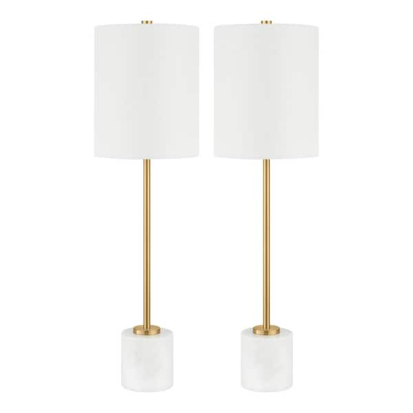 Hampton Bay Pearson 32 in. Plated Gold and White Marble Table Lamp with White Fabric Shade (Set of 2)