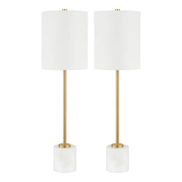Pearson 32 in. Plated Gold and White Marble Table Lamp with White Fabric Shade (Set of 2)