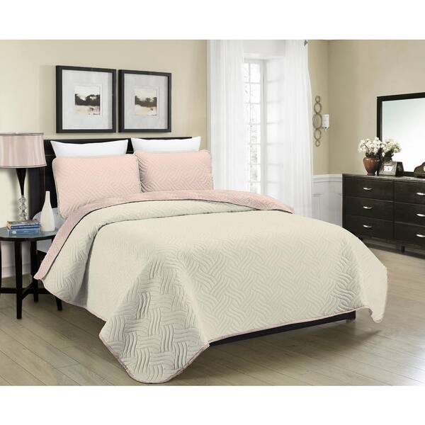 Reversible Blush Faux Silk Quilted Reversible 3 pcs Cal King Queen Coverlet Set