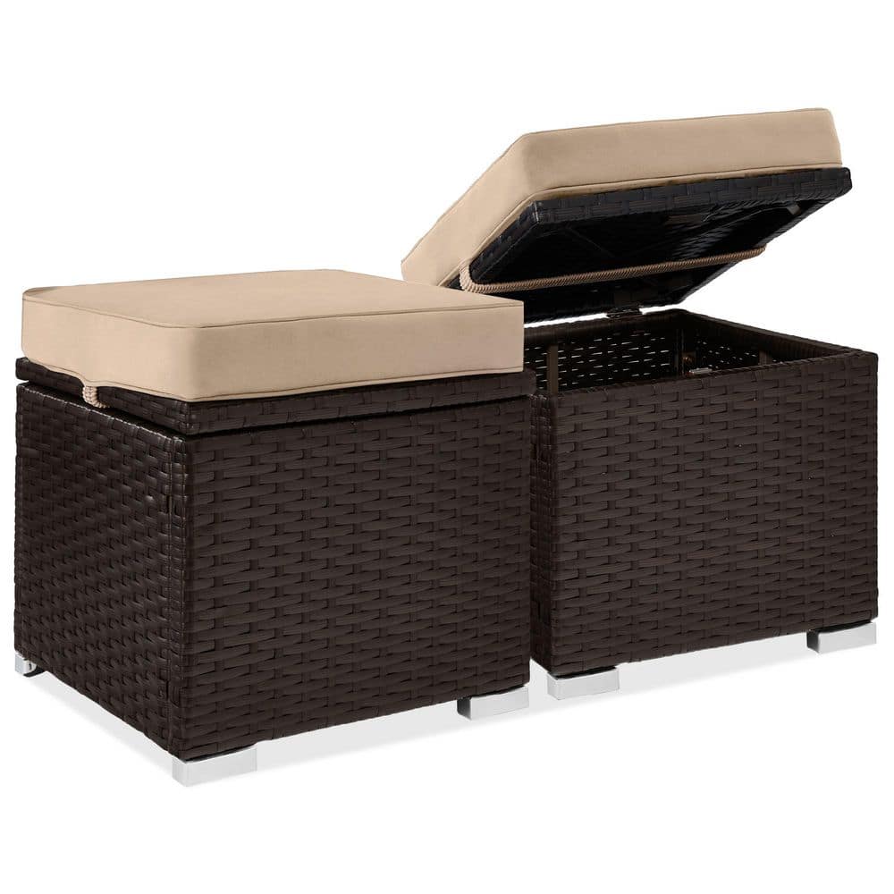 Brown Wicker Outdoor Ottoman, Multipurpose Outdoor Patio Furniture with Removable Beige Cushions (2-Pack)