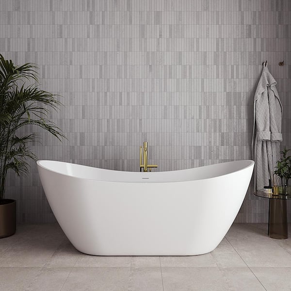 71 in. x 32 in. Acrylic Freestanding Soaking Bathtub in Glossy White with Polished Brass Drain