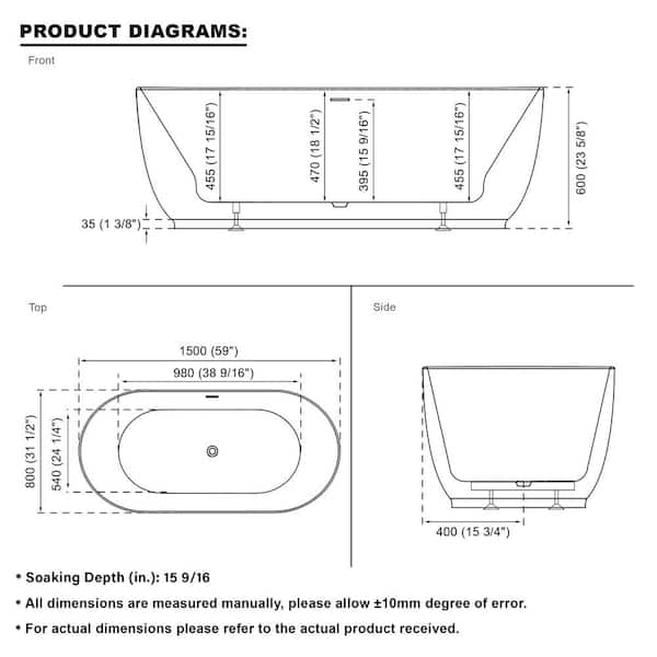 59 in. x 31.5 Acrylic Freestanding Flatbottom Double Ended Soaking Bathtub in Glossy White with Chrome,Groove Overflow