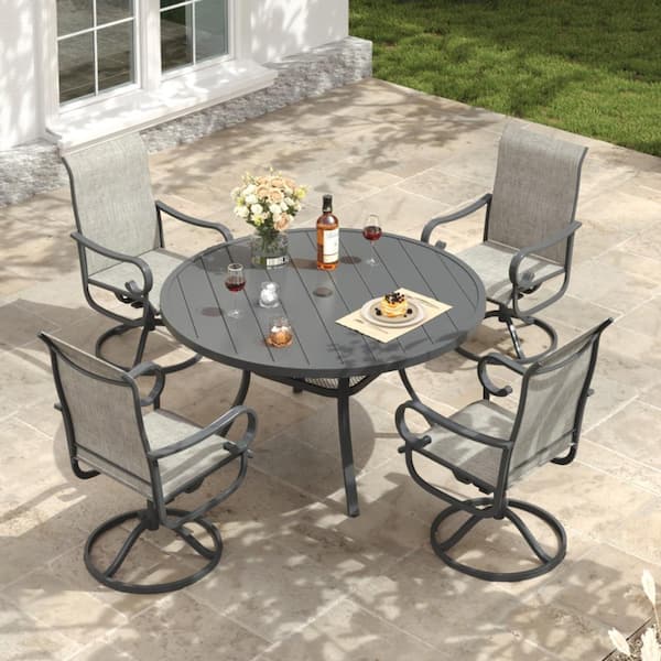 5-Piece Metal Round Outdoor Patio Dining Set with 40.6 in. Gray Table and 4 Gray Textilene Swivel Dining Chairs