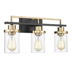 20.8 in. 3-Light Black and Gold Vanity Light with Clear Glass Shade