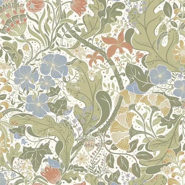 A-Street Prints Elise Green Cream Nouveau Gardens Paper Matte Non-Pasted Wallpaper Roll