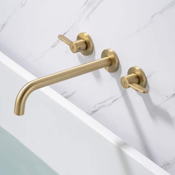 Staykiwi 2-Handle Wall Mount Roman Tub Faucet with High Flow Rate and Long Spout in Polished Brushed Gold
