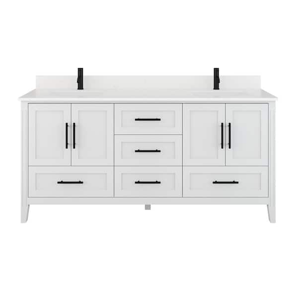 ART BATHE Houston 72 in. W x 22 in. D Bath Vanity in White Diamond Quartz Top with White Sink Power Bar and Drawer Organizer