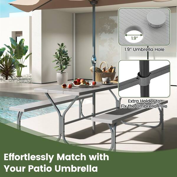 WELLFOR 72 in. Gray Rectangle Metal Picnic Table Bench Set