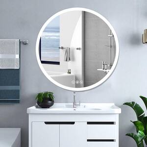 26 in. W x 26 in. H Round Aluminium Framed Wall Mounted Bathroom Vanity Mirror in Silver LED and Anti-Fog