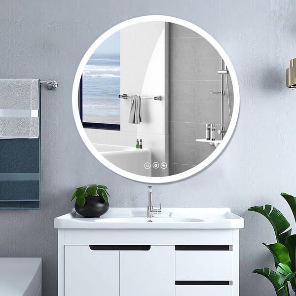 Cesicia 26 in. W x 26 in. H Round Aluminium Framed Wall Mounted Bathroom Vanity Mirror in Silver LED and Anti-Fog