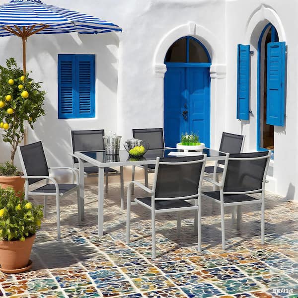 Black 7-Piece Steel Outdoor Dining Set with Black Table and 6-Black Chairs