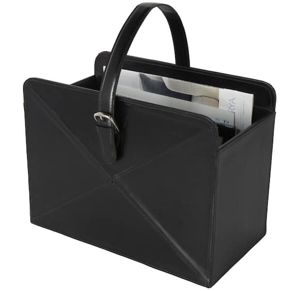 Black Handmade Box Style Standing Magazine Holder with Detail Stitching and Curved Buckle Handles