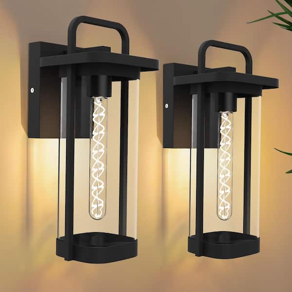 15 in. 1-Light Black Outdoor Hardwired Wall Lantern Scone with Clear Glass Shade and No Bulbs Included (2-Pack)