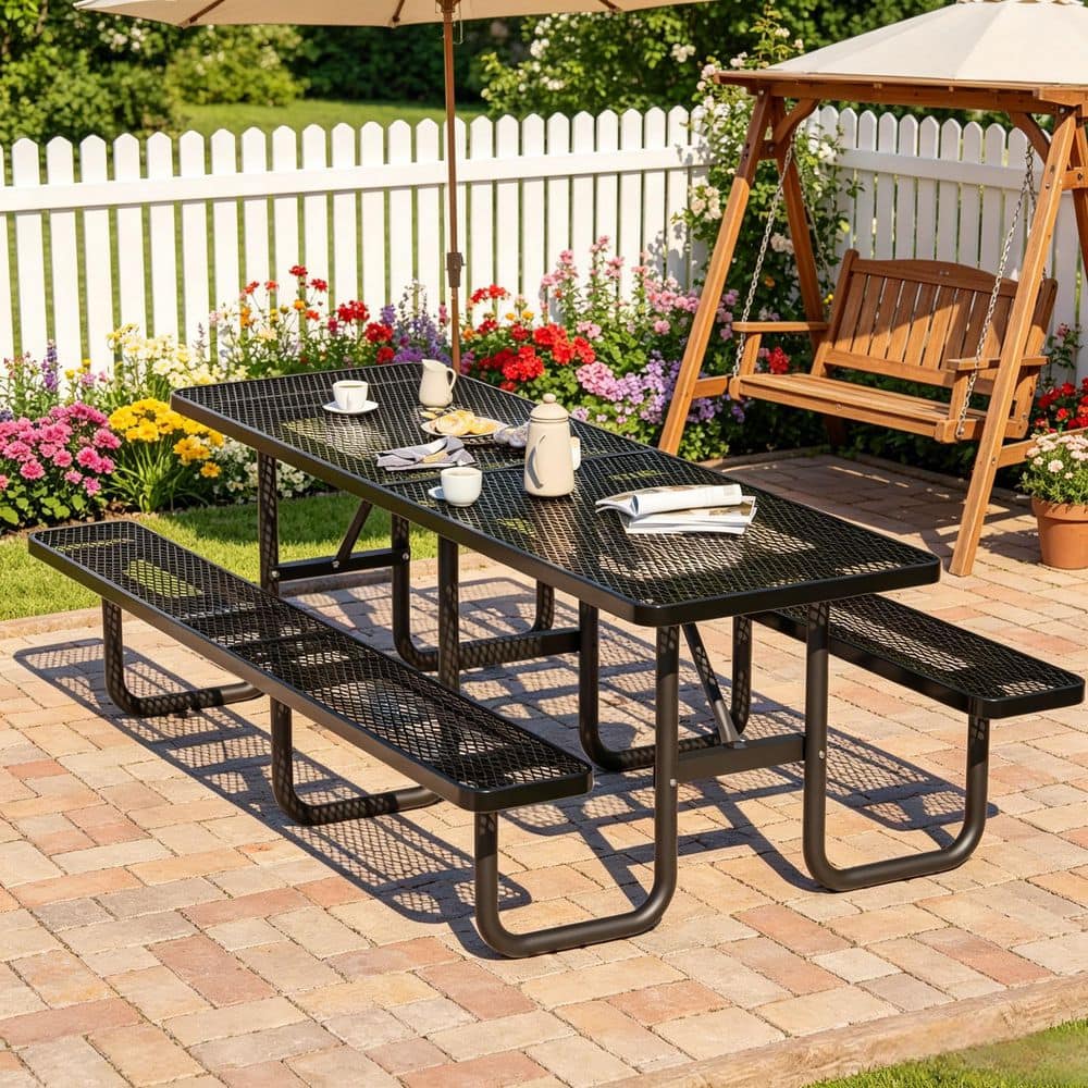 96 in. Black Rectangle Heavy Duty Steel Picnic Tables with Umbrella Hole, Galvanized Steel Rustproof Frame for Garden price history on PriceWatchPro
