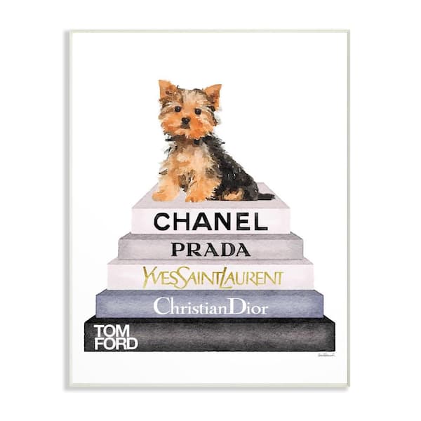 Stupell Industries 10 in. x 15 in. "Book Stack Yorkie Dog Glam Fashion Watercolor" by Amanda Greenwood Wood Wall Art
