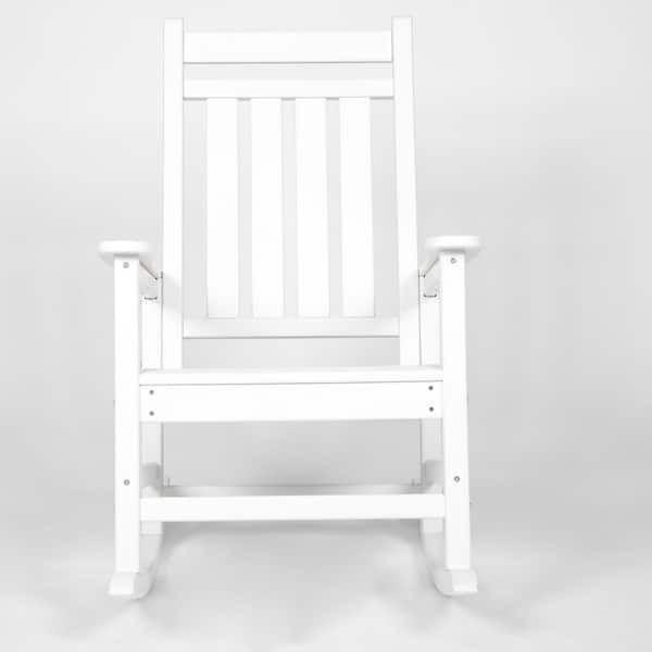 White Oversized Rocking Chair with Wood-Texture, All Weather Resistant Plastic Outdoor Rocking Chair for Adults