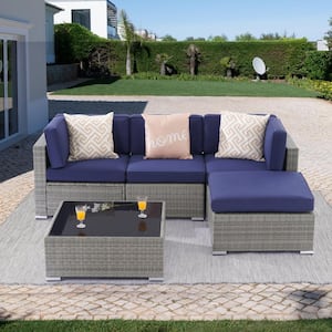 5-Piece Wicker Rattan Patio Conversation Sets All-Weather PE Sofa Set with Navy Blue Cushion, Gray wicker