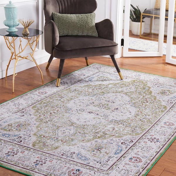 Tuscon Green/Beige Doormat 3 ft. x 5 ft. Machine Washable Floral Border Area Rug