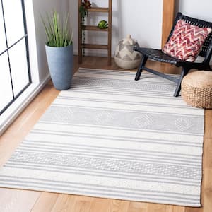 Striped Kilim Silver Ivory Doormat 3 ft. x 3 ft. Striped Square Area Rug