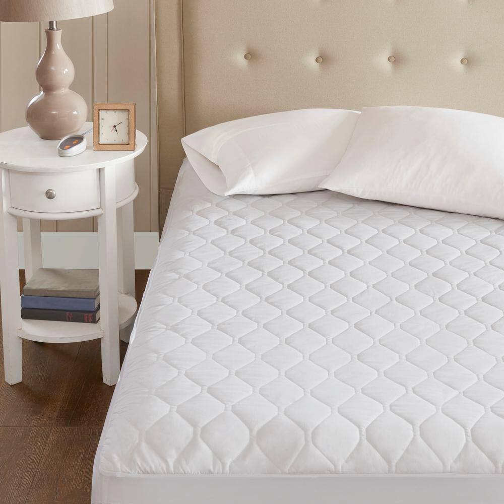 Twin White Heated Microfiber Mattress Pad with 3M Scotchgard