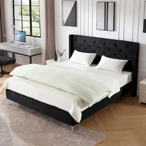 Black Velvet Bed Frame King Platform Bed with Upholstered Headboard No Box Spring Needed