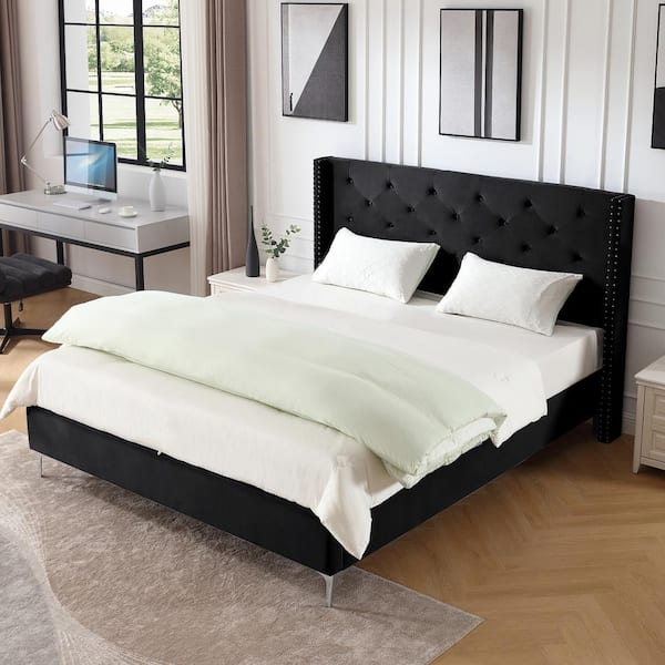 Morden Fort Black Velvet Bed Frame King Platform Bed with Upholstered Headboard No Box Spring Needed
