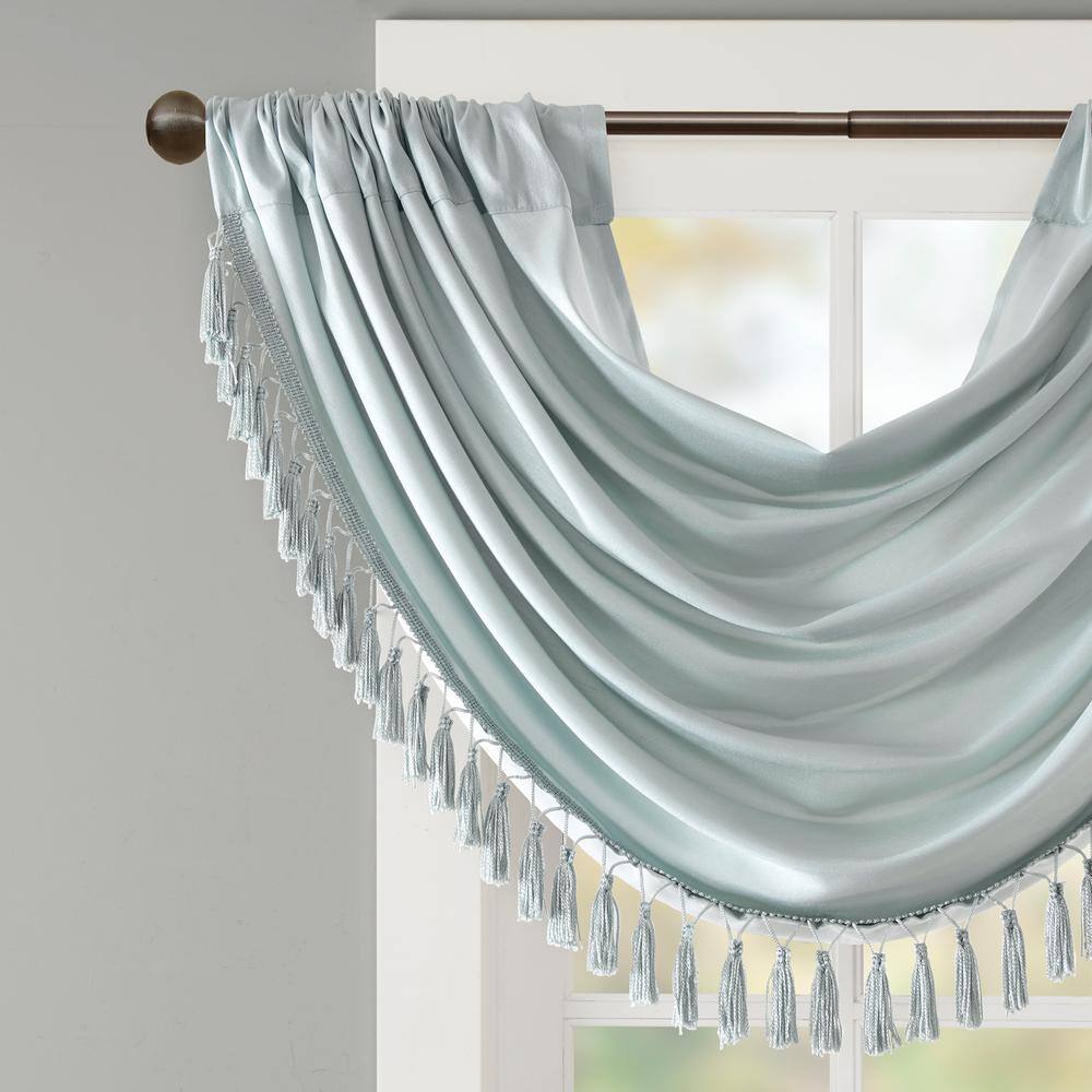 Dusty Aqua Faux Silk Waterfall Valance with Tassel Trim