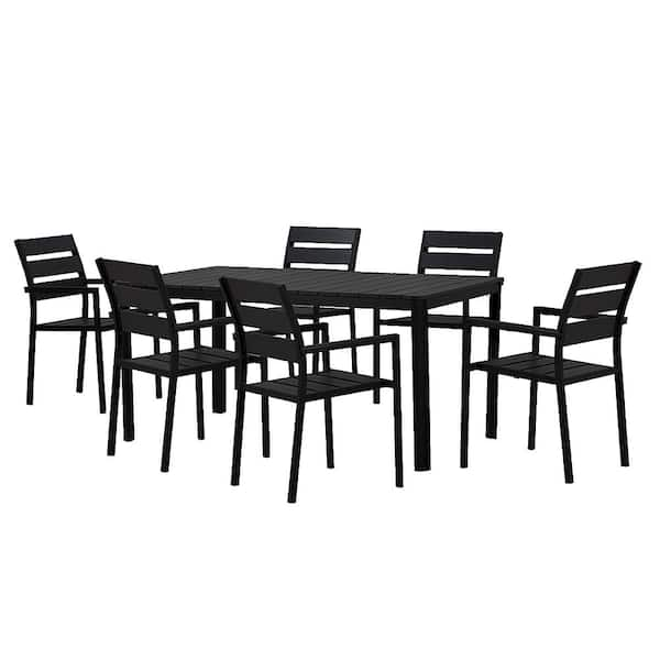 Modern Contemporary 7 Piece Black Metal Rectangular Outdoor Dining Set With Faux Wood And Stackable Chairs Hd932 701 6 Bk The Home Depot