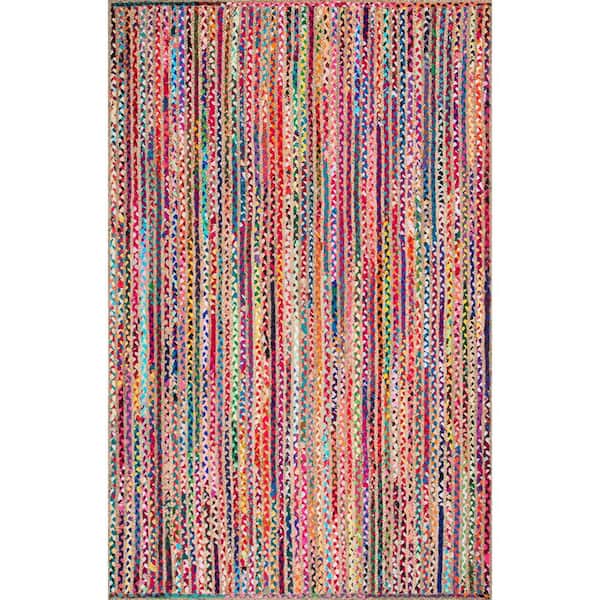 Aleen Bohemian Braided Stripes Jute Multi 8 ft. x 10 ft. Area Rug