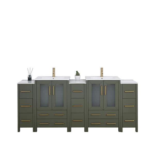 Vanity Art 84 in. W x 18.1 in. D x 35.8 in. H Double Basin Vintage Green Bath Vanity with White Ceramic Top and Mirror