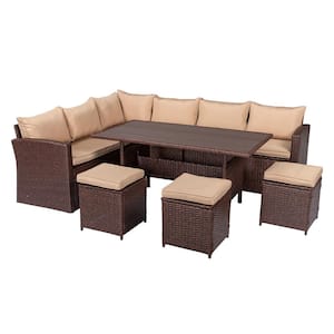 8-Piece Brown Wicker Outdoor Dining Set with Khaki Cushions