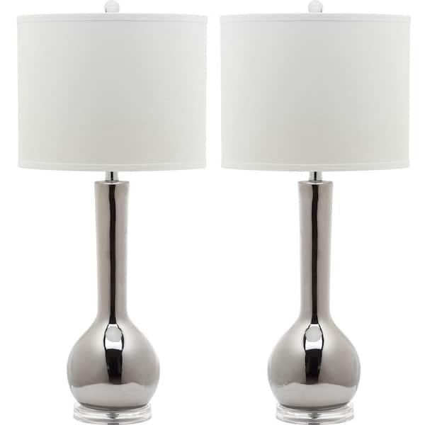 SAFAVIEH Mae 30.5 in. Silver Long Neck Ceramic Table Lamp with Off-White Shade (Set of 2)